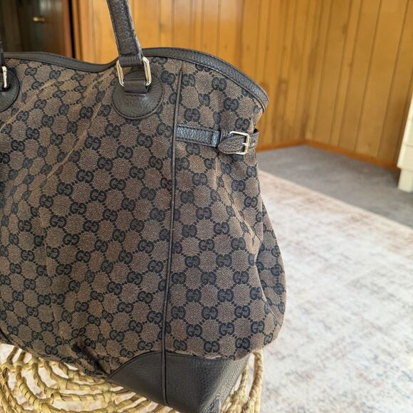 GUCCI GG Nylon Full Moon Tote Bag Brown Leather Canvas Large Monogrammed Print - Picture 14 of 16
